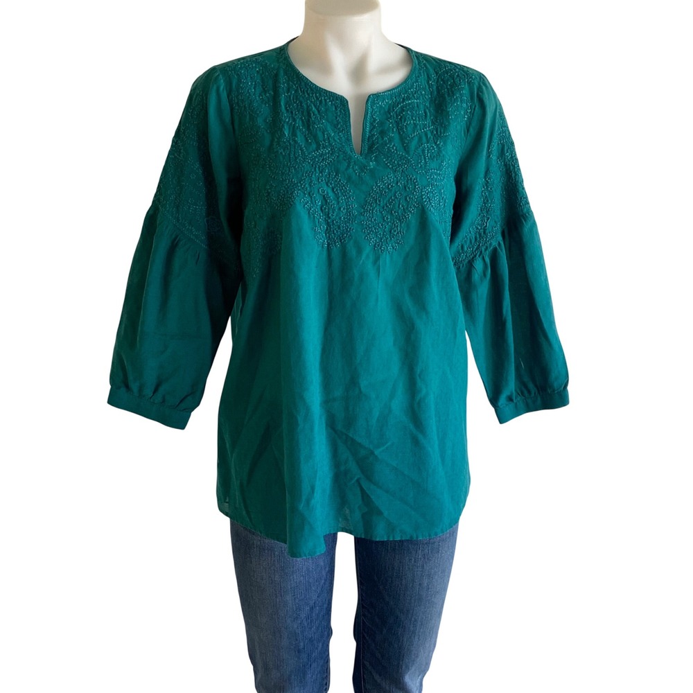 J. Jill Teal Green Embroidered Split Neck Blouse Cotton Viscose Boho Top Small